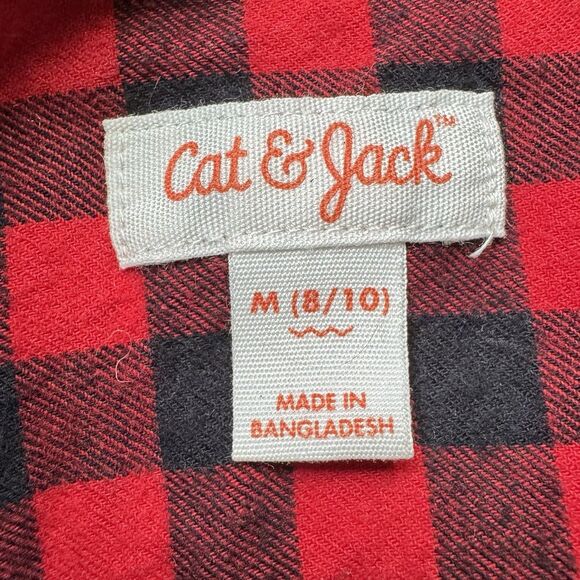 Cat & Jack Boys M 8/10 Black Red Plaid Buffalo Check Flannel Shirt Kid Christmas - Picture 4 of 7